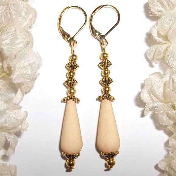 Earrings, Dangle Earring, Drop Earring, Earring Set, Cream Wood and Gold C359 - Picture 1 of 6